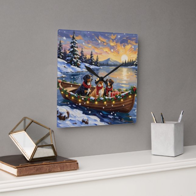 Relógio Quadrado Greater Swiss Mountain Dog Christmas Boat Holiday (Escritório)