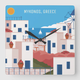 Relógio Quadrado Grécia do Mykonos de Texto Personalizado