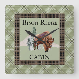 Relógio Quadrado Green Plaid Watercolor Bison Buffalo Rustic Cabin