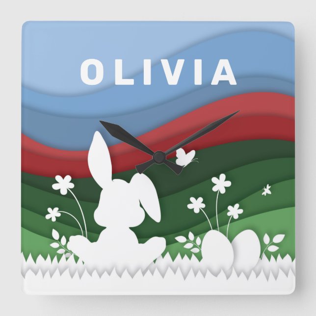 Relógio Quadrado Green red blue waves easter bunny and eggs (Frente)