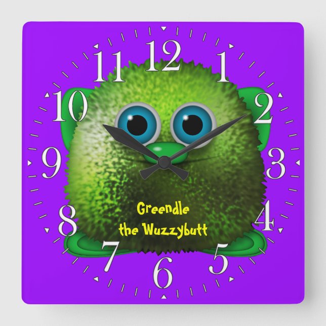 Relógio Quadrado Greendle the Wuzzybutt Kids' Fun Cartoon Clock (Frente)