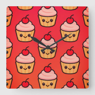 Relógio Quadrado Grelha de Cupcakes Kawaii com Rostos Sorridentes e