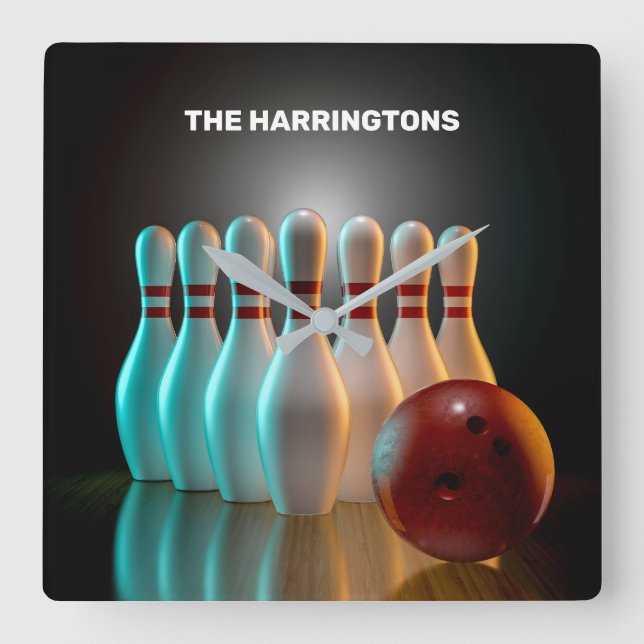 Relógio Quadrado Greve de Boliche de Texto Personalizado (Frente)