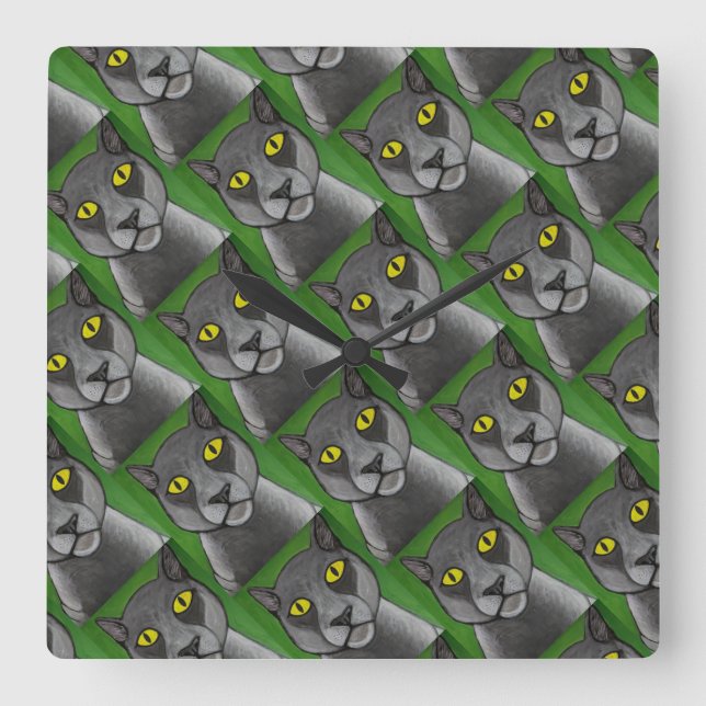Relógio Quadrado Grey Cat Wall Clock (Frente)