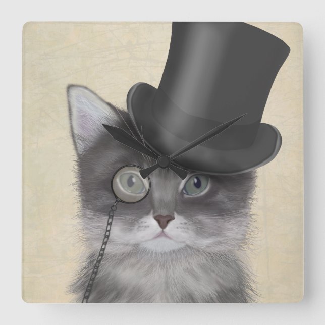 Relógio Quadrado Grey Cat with Top Hat (Frente)