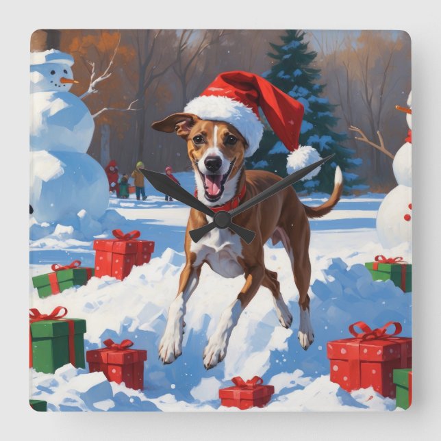 Relógio Quadrado Greyhound Correndo na Neve com Chapéu de Natal (Frente)