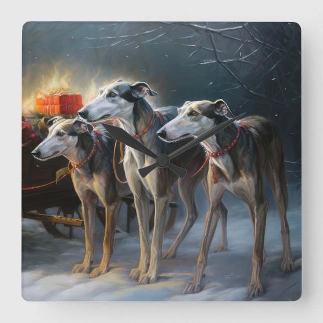 Relógio Quadrado Greyhound Snowy Sleigh Decência de Natal (Frente)