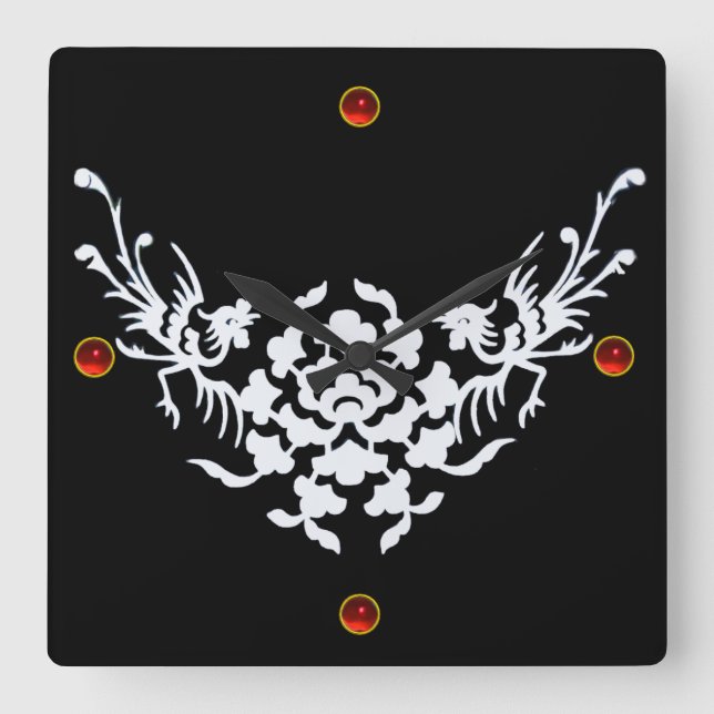 Relógio Quadrado GRIFFINOS BRANCOS E FLORES,Pedra Gem Rubi Vermelha (Frente)
