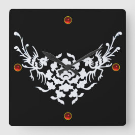 Relógio Quadrado GRIFFINOS BRANCOS E FLORES,Pedra Gem Rubi Vermelha