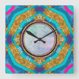 Relógio Quadrado Groovy Mandala Aqua Blue Roxo Wall Clock
