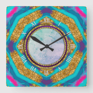Relógio Quadrado Groovy Mandala Aqua Blue Roxo Wall Clock