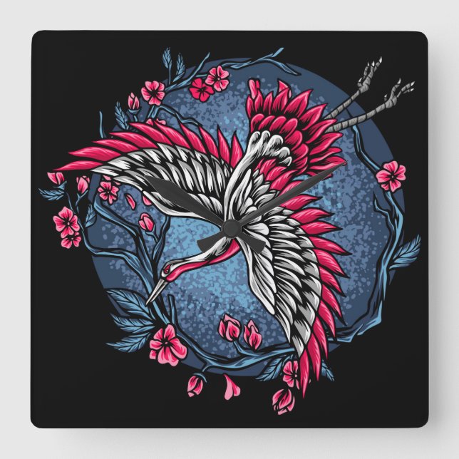 Relógio Quadrado Gruas japonesas (Frente)