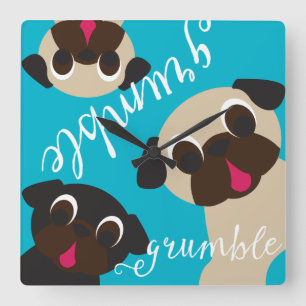 Relógio Quadrado Grumble, Pug Wall Clock - 2 Fawn, 1 Preto