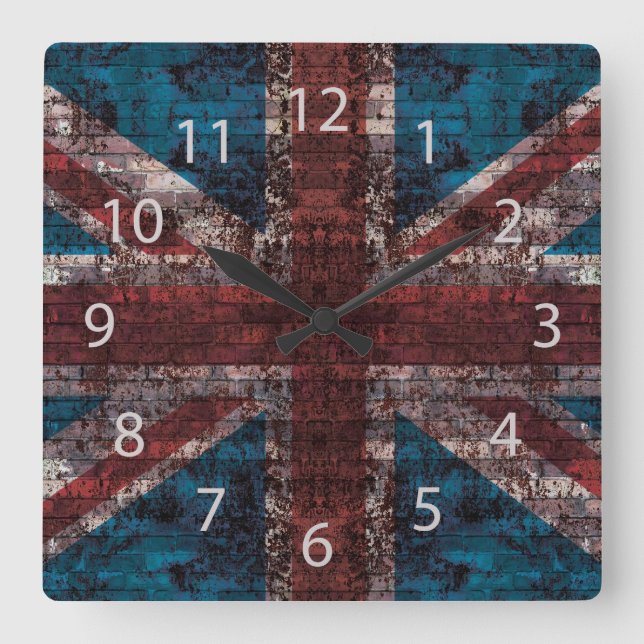 Relógio Quadrado grunge Union Jack em tijolo (Frente)