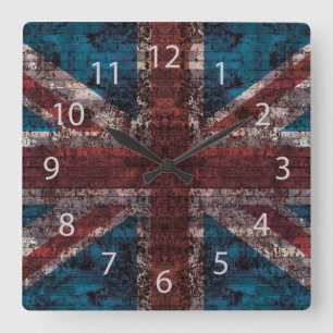 Relógio Quadrado grunge Union Jack no tijolo