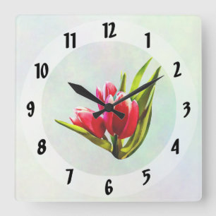 Relógio Quadrado Grupo de tulipas vermelhas