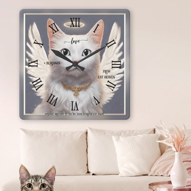 Relógio Quadrado Guardian Cat Angel Fine Art (Wall clock featuring a painting of a white guardian cat angel)
