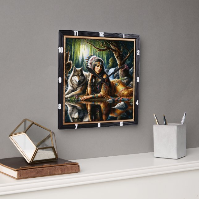 Relógio Quadrado Guardião do Lobo da Terra Nativo (Escritório)