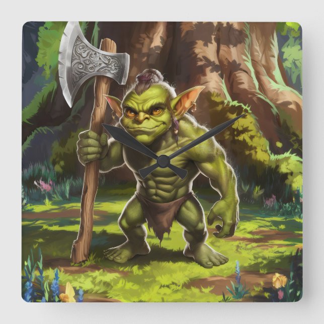 Relógio Quadrado Guardião goblin da floresta. (Frente)