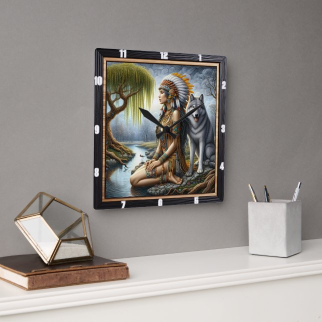 Relógio Quadrado Guardião indígena nativo: Wolf and Maiden's Glade (Escritório)