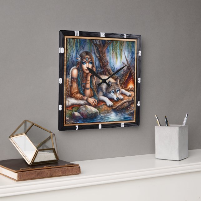 Relógio Quadrado Guardião indígena nativo: Wolf and Maiden's Glade (Escritório)