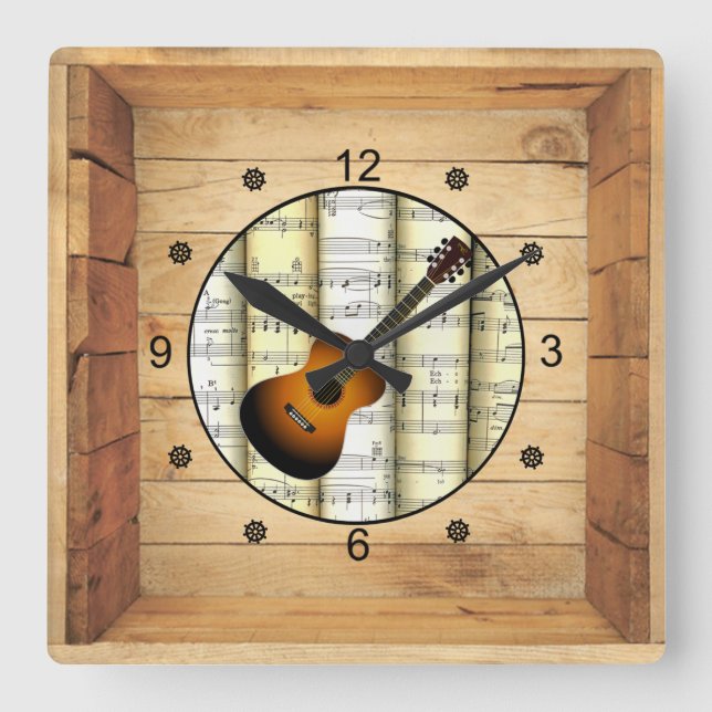 Relógio Quadrado Guitarra ~ 3 Dimensional ~ Folk Art Box ~ (Frente)