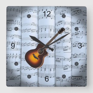 Relógio Quadrado Guitarra ~ Folhas Roladas Música ~ Tint Fundo Azu