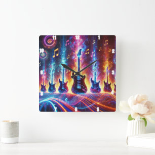 Relógio Quadrado Guitarras elétricas cercadas por Neon Music Notes