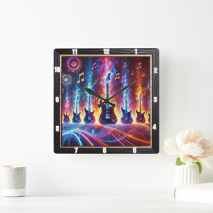 Relógio Quadrado Guitarras elétricas cercadas por Neon Music Notes