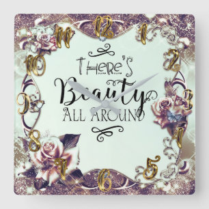 Relógio Quadrado Há Beleza por Todos os Lugares Borboletas & Rosas