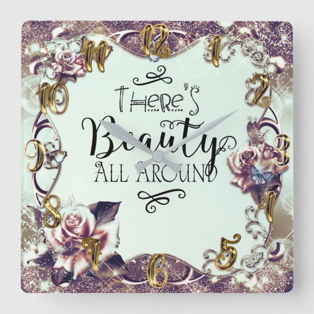 Relógio Quadrado Há Beleza por Todos os Lugares Borboletas & Rosas (Frente)