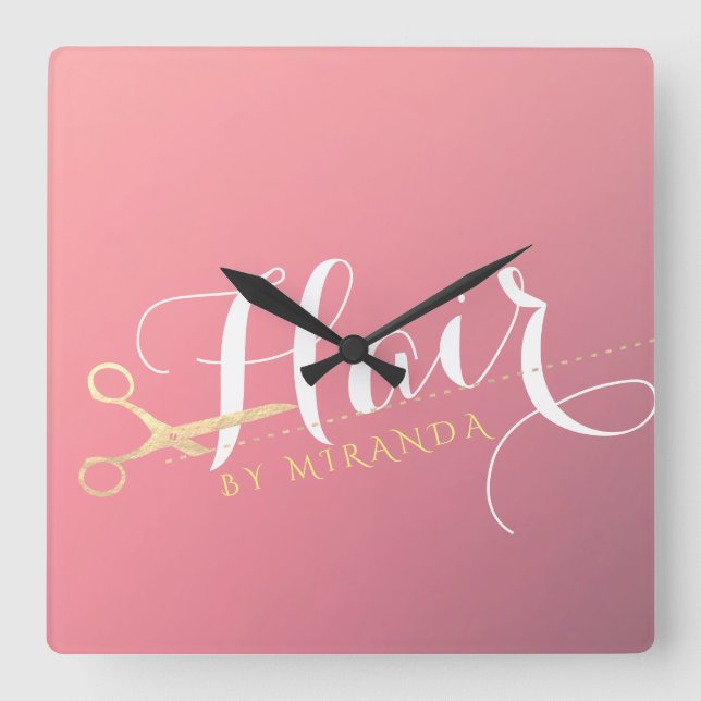 Relógio Quadrado Hairstylist Makeup Salon Modern Pink Tesoura Doura (Frente)