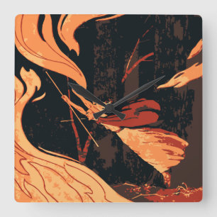 Relógio Quadrado Halloween Antigo, Bruxa Má com Fogo na Floresta