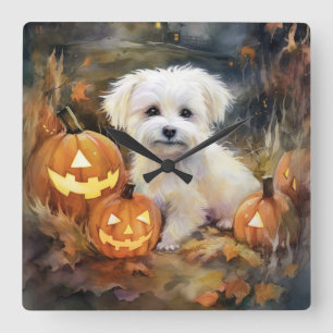 Relógio Quadrado Halloween Coton De Tulear Com Pumpkins Assustado