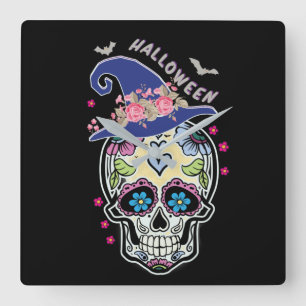 Relógio Quadrado Halloween Flower Skull