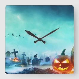 Relógio Quadrado Halloween Graveyard Jack-O-Latern