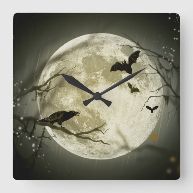 Relógio Quadrado Halloween Moon Spooky Crows (Frente)