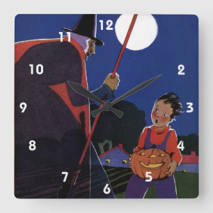 Relógio Quadrado Halloween Vintage, Bruxa Assustadora com Menino
