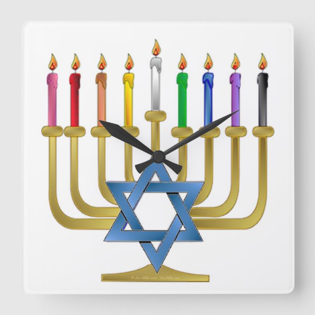 Relógio Quadrado Hanukkah Rainbow Candles Dourados Menorah (Frente)