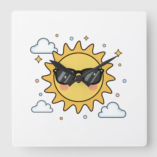 Relógio Quadrado Happy Smiling Sun Cartoon - Minimalist Kawaii Suns (Frente)