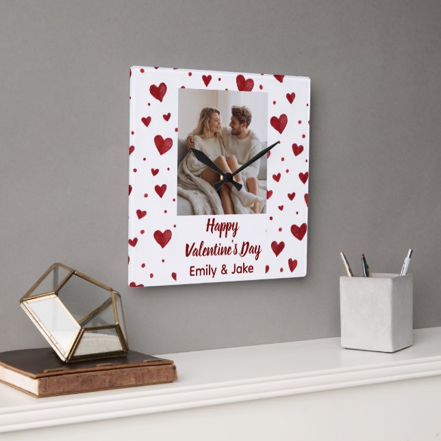 Relógio Quadrado Happy Valentine's Day Custom Photo Wall Clock (Escritório)