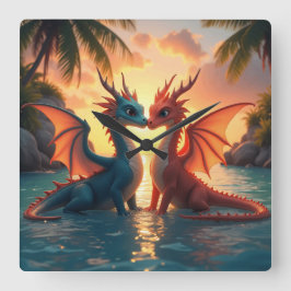 Relógio Quadrado Harmony of Elements: Loving Dragons and a Sea Suns