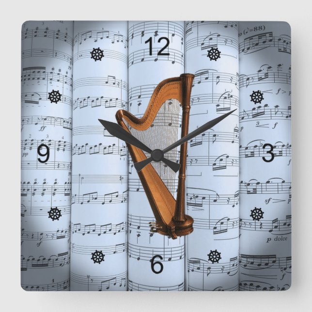 Relógio Quadrado Harp ~ Roll Sheet Music ~ Blue Tint Background ~ (Frente)