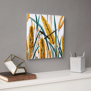 Relógio Quadrado Harvest Harmony: Um Padrão de Trigo em uma Canvas
