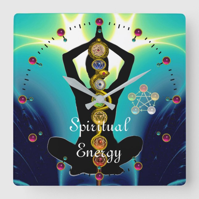 Relógio Quadrado HASTE de ASCLEPIUS 7 CHAKRAS, azul da POSE de (Frente)