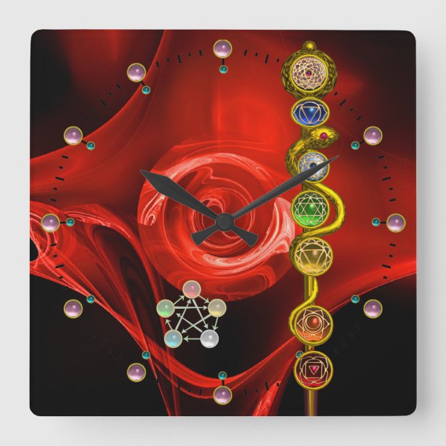 RELÓGIO QUADRADO HASTE DE ASCLEPIUS 7 CHAKRAS, IOGA, ENERGIA (Frente)
