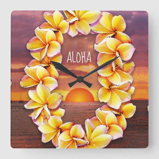 Relógio Quadrado Hawai'i Lei Clock com Aloha (Frente)
