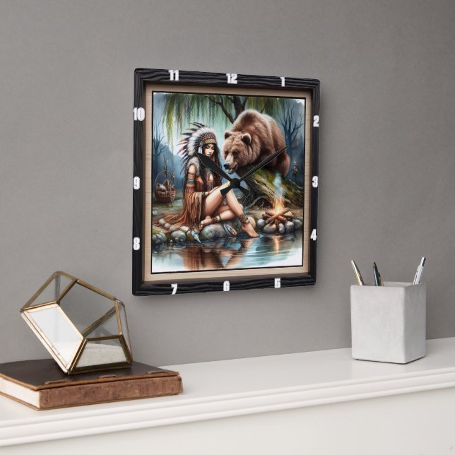 Relógio Quadrado Herança do Urso Indígena (Escritório)