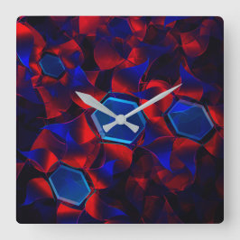 Relógio Quadrado Hexágono azul misturado com curvas vermelhas sobre