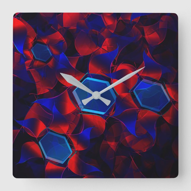 Relógio Quadrado Hexágono azul misturado com curvas vermelhas sobre (Frente)